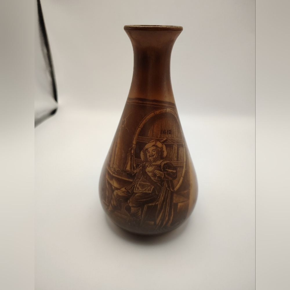 Vintage Brown Flashed Glass Bud Vase Tavern Scene White Interior 7" Rustic